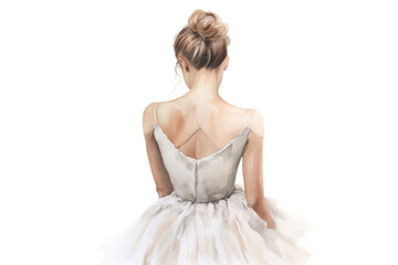 Fototapeta na wymiar watercolor drawing, a ballerina in a white dress stands with her back against a light background, generated by AI