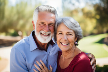 Naklejka premium Close up of senior couple in the garden, embracing and smiling. Family enjoying time at home, lifestyle concept. AI Generative