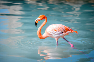 Close-up of pink flamingo bird with pink feathers on bright blue water lake background. Natural beautiful wallpaper with unusual bird. Generative AI professional photo imitation.