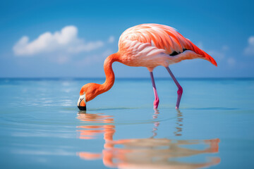 Close-up of pink flamingo bird with pink feathers on bright blue water lake background, blue sky. Natural beautiful wallpaper with unusual bird. Generative AI professional photo imitation.