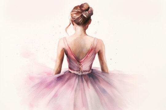 watercolor drawing, a ballerina in a pink dress stands with her back against a light background, generated by AI