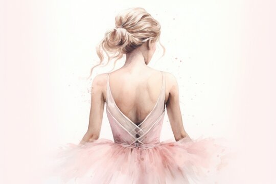 watercolor drawing, a ballerina in a pink dress stands with her back against a light background, generated by AI