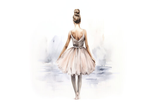 Fototapeta watercolor drawing, a ballerina in a white dress stands with her back against a light background, generated by AI