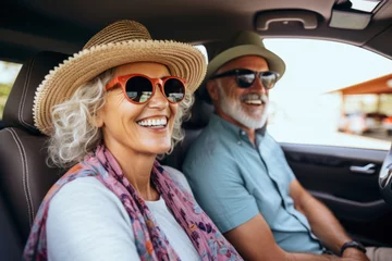 Fototapete Lachsfarbe Happy Senior Couple traveling in their car. AI Generative