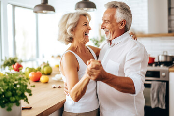 mature couple dancing in the kitchen, preparing cooking for romantic dinner. AI Generative