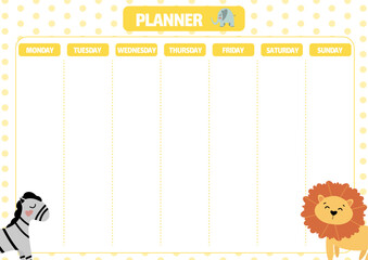 Weekly planner with animals in cartoon style. Kids schedule design template. Vector illustration.