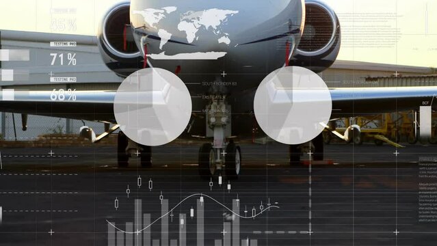 Animation of statistical data processing against airplane on a runway at an airport