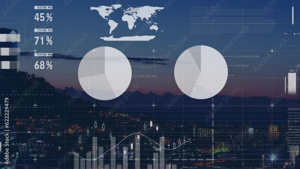 Poster animation of statistical data processing over aerial view of cityscape against sunset sky
