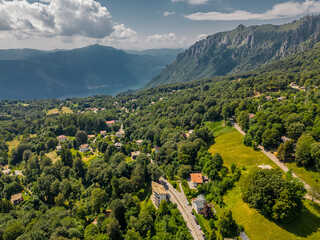 Fototapeta premium Aerial photo Mountain village in Italy, Piani dei Resinelli, Lecco. Lake Como