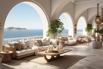 Fototapeta na wymiar Mediterranean-Inspired indoor-outdoor area in a Greek Island Paradise. High end luxurious living room in a villa accomodation