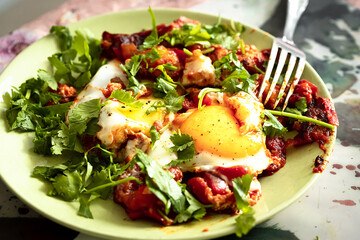 Shakshuka, poached eggs in tomato, olive oil, pepper, onion and garlic sauce, Mediterranean cuisine