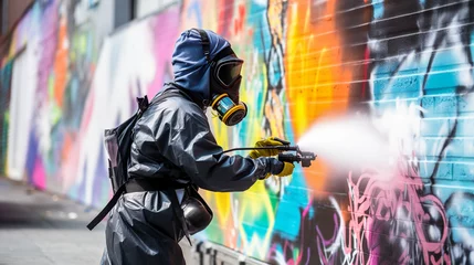 Poster Cleaner worker washing graffiti wall, graffiti remover,  vandalism, street art problem. Colorful Ai generated art © Pavel