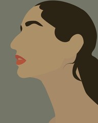 Portrait illustration of beautiful women with darkish skin and brown hair in profile on dark green olive background.