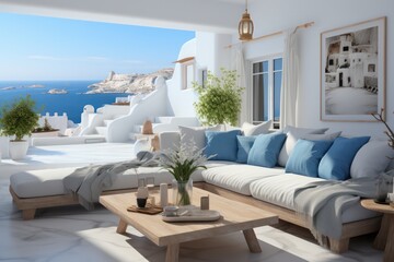 Mediterranean luxurious indoor outdoor area in a Greek Island Paradise. High end luxurious living room in a villa accommodation