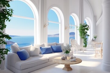 Fototapeta na wymiar Mediterranean luxurious indoor outdoor area in a Greek Island Paradise. High end luxurious living room in a villa accommodation