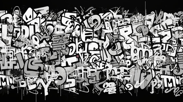 Graffiti tags wall, street art, underground urban culture, black and white. Ai generated art