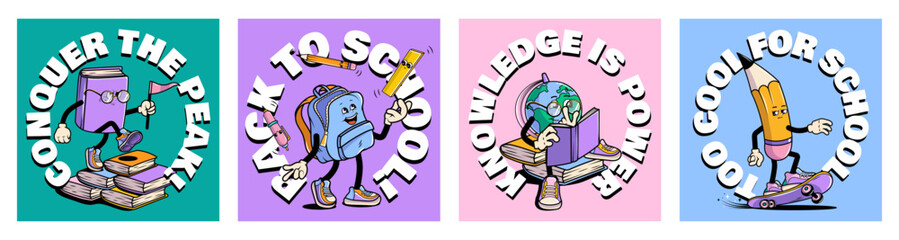 Back to school vector poster set with walking funny cute comic characters. Lettering illustration for t-shirt print. Too cool for school, educational creativity supplies. Vector illustration.