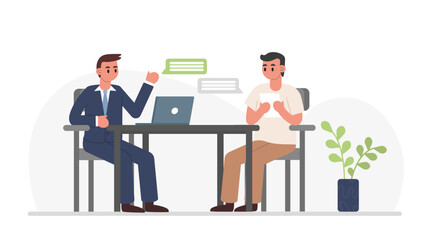 HR talking with candidate about work tasks. Dialogue, collective conversation. Conducting interview. Male characters talk, survey, test. Flat vector illustration in cartoon style