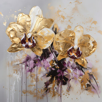 Abstract floral oil painting. Gold and yellow orchid on white