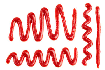 Red tomato sauce or ketchup isolated on white background . Top view. Flat lay