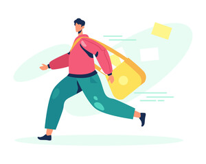 Fototapeta premium Adult man holing bag and walking to visit client. Delivery methods for goods, food. Various equipment for courier. Fast shipping. Colorful flat vector illustration in cartoon style