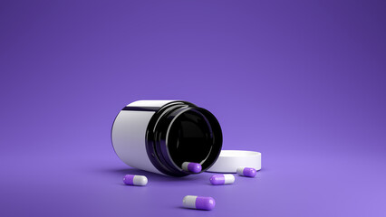 Medicine capsule blue and white, black glass bottle on blue background, The bottle is nearly empty. 3d render.