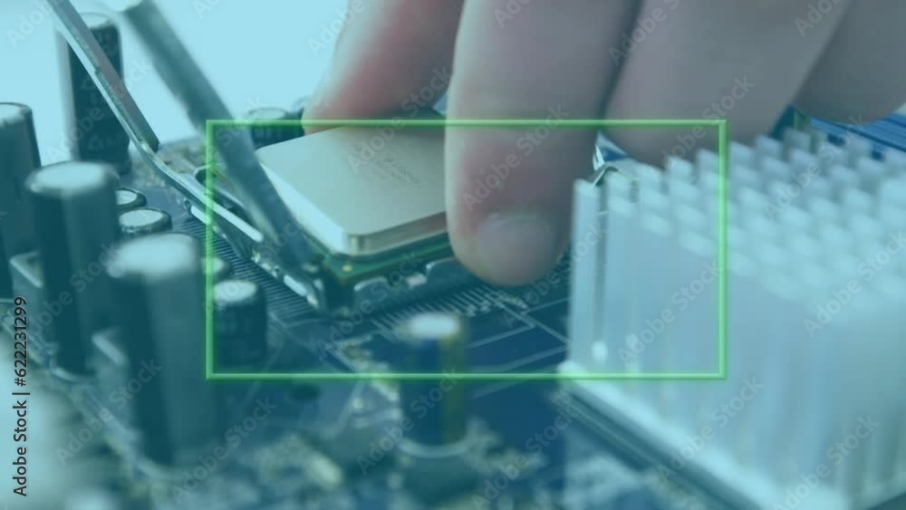 Poster animation of neon green frame flickering data processing over man fixing computer circuit board