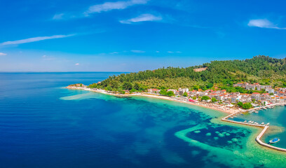 Aerial view of beach in Limenas, Thassos island, Greece, Europe.