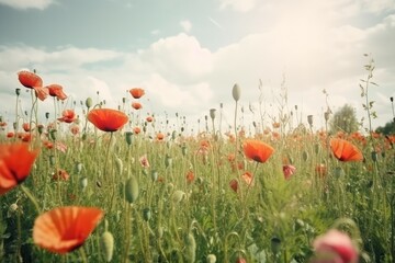 Wild poppy summer flowers. Generate Ai - obrazy, fototapety, plakaty