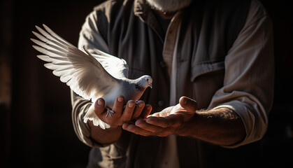 Two Hand of a elderly man holding White Dove flying from his hands
