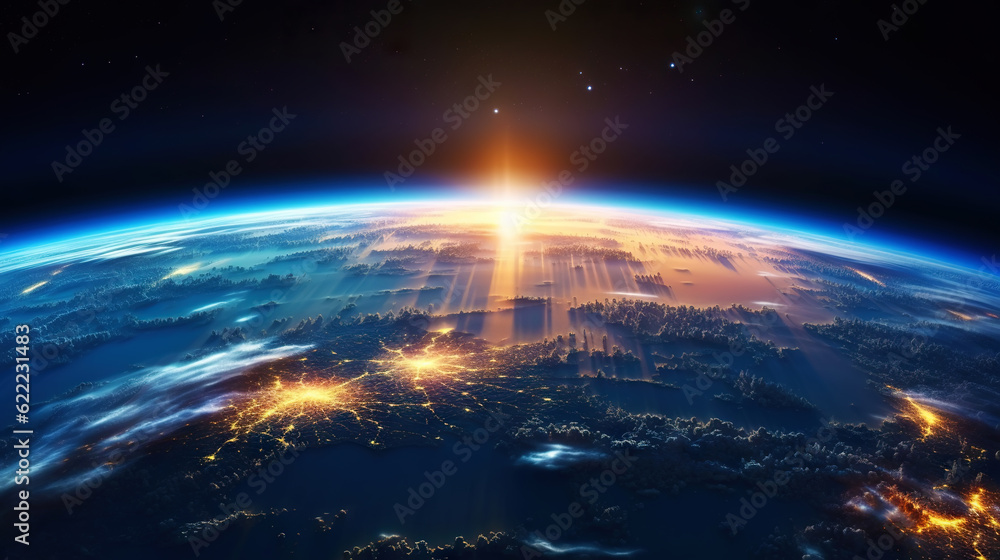 Wall mural panoramic view on planet earth globe from space. glowing city lights, light clouds. generative ai