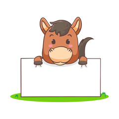 Cute brown horse cartoon holding empty board showing thumb up isolated white background. Adorable kawaii animal concept design vector illustration