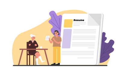 Man holding resume and talking to HR. Filling out resume for vacancy. Data collection for HR department, headhunter. Conducting interview concept. Vector flat illustration