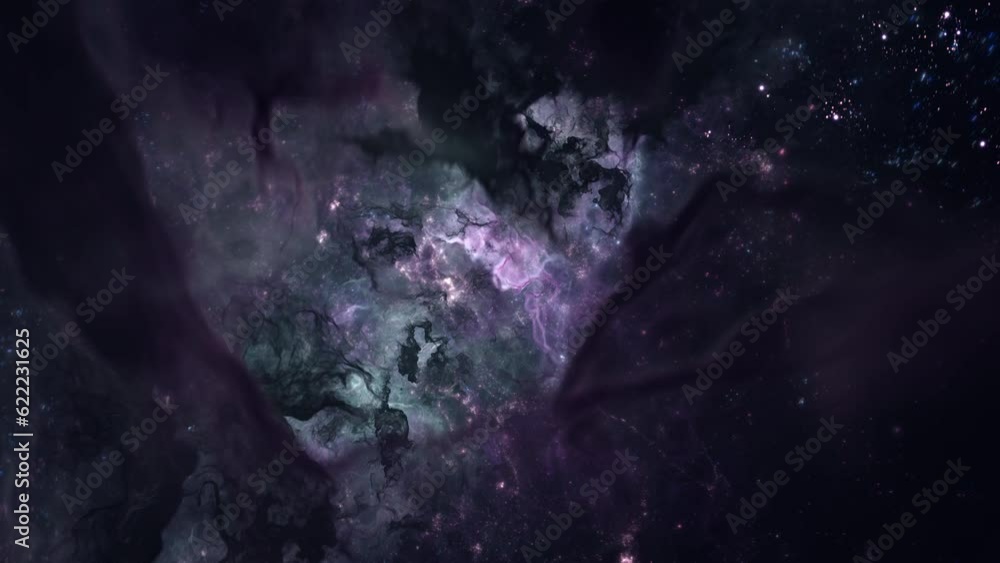 Wall mural fast dynamic flight through outer space travel and stellar galactic nebula clouds with starry glowin