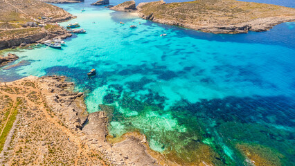 View of Blue Lagoon Malta, Europe. Azure beautiful sea, Comino island