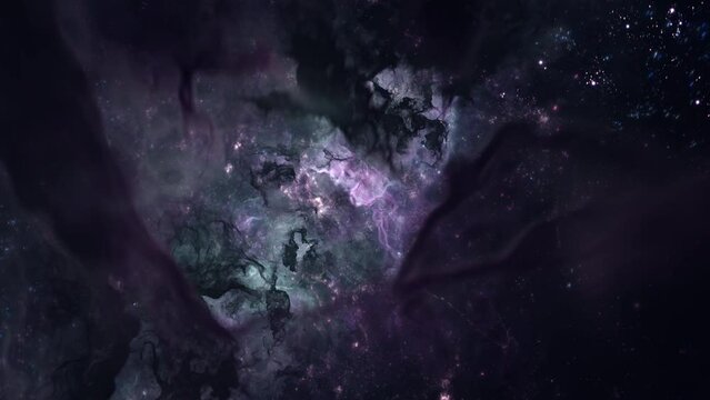 Fast dynamic flight through outer space travel and stellar galactic nebula clouds with starry glowing star clusters. Concept 3D animation roller coaster ride through cosmos. Establishing B-Roll shot.