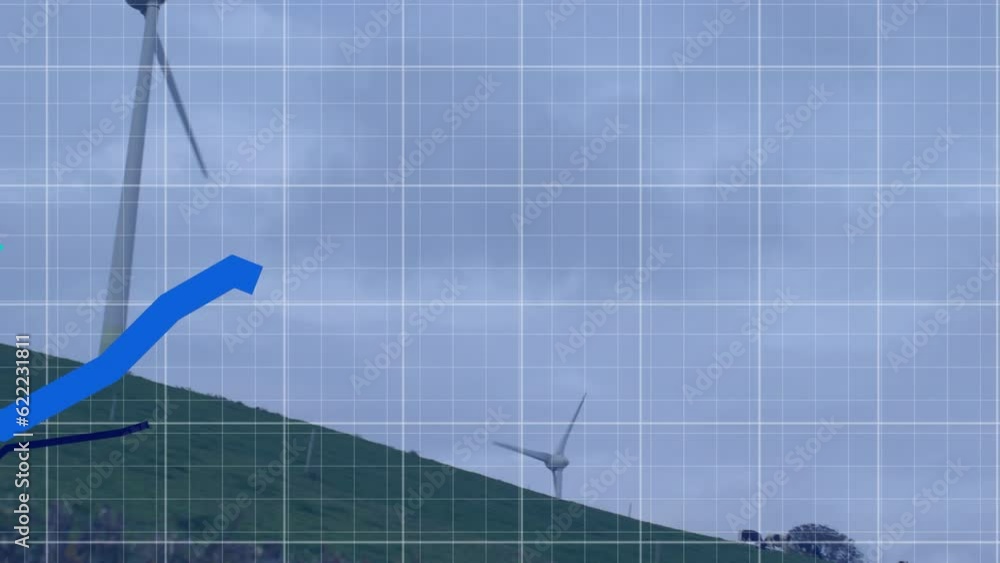 Poster animation of statistical data processing against spinning windmills on grassland