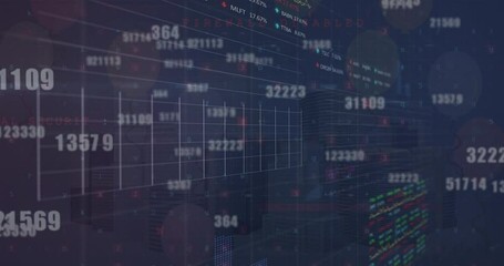 Animation of changing numbers, statistical and stock market data processing against 3d city model - Powered by Adobe