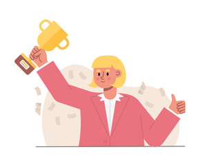 Happy woman holding goblet. Business achievement, triumph and award-winning concept. Successful business people achieved goals, holding trophy. Flat vector illustration in cartoon style