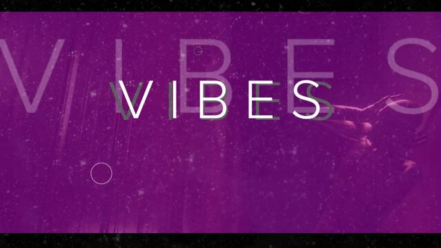 Animation of vibes texts and circles over winter fall against zombie covering ears with hands