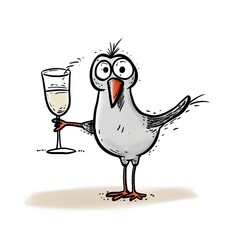 A tipsy bird with a glass of whine