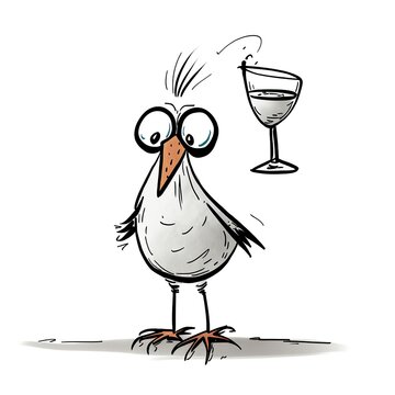 A tipsy bird with a glass of whine