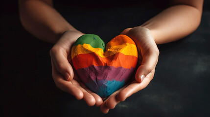 hand holding heart shape with LGBT rainbow colors