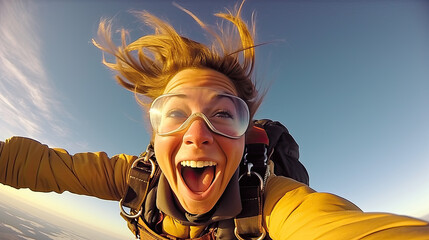 Young woman parachutist smiling in free fall. Perfect concept of happiness and freedom.