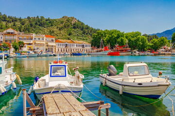 Sea, bay and Greek boats in Limenas, Thassos island, Greece, Europe