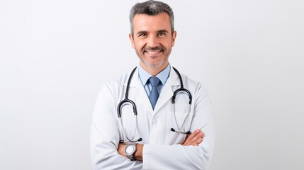 Fototapeta premium Doctor, man and arms crossed in portrait with smile and confidence isolated on white background. Medical professional, happy male physician in studio, generative ai