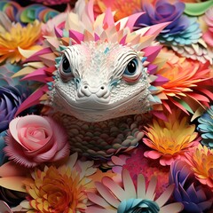 Obraz premium Lizard head. Abstract colorful backround. Psychodelic floral paper pattern. Digital art. Generative AI