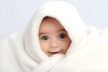 Fototapeta na wymiar Cherubic Baby Serenity: Adorable Cute Baby Face Wrapped in White Towels, Generative AI