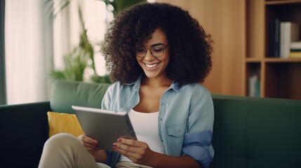 Happy black mixed race African black young woman in glasses with perfect smile sitting on sofa holding using tablet device reading e book, surfing social media dating apps in apartment, generative ai - obrazy, fototapety, plakaty