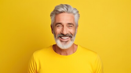 Happy mature old bearded man, smiling cool mid aged gray haired older senior hipster wearing yellow...